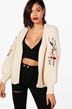 Boohoo Puffed Sleeve Embroidery Cardigan