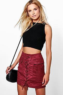 Boohoo Nicia Suedette Pocket Side Lace Up Mini Skirt