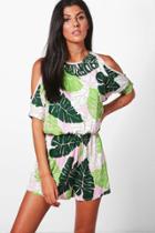 Boohoo Janice Palm Print Cold Shoulder Playsuit Green