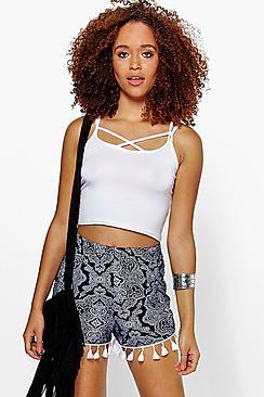 Boohoo Tara Tassel Trim Blue Paisley Shorts