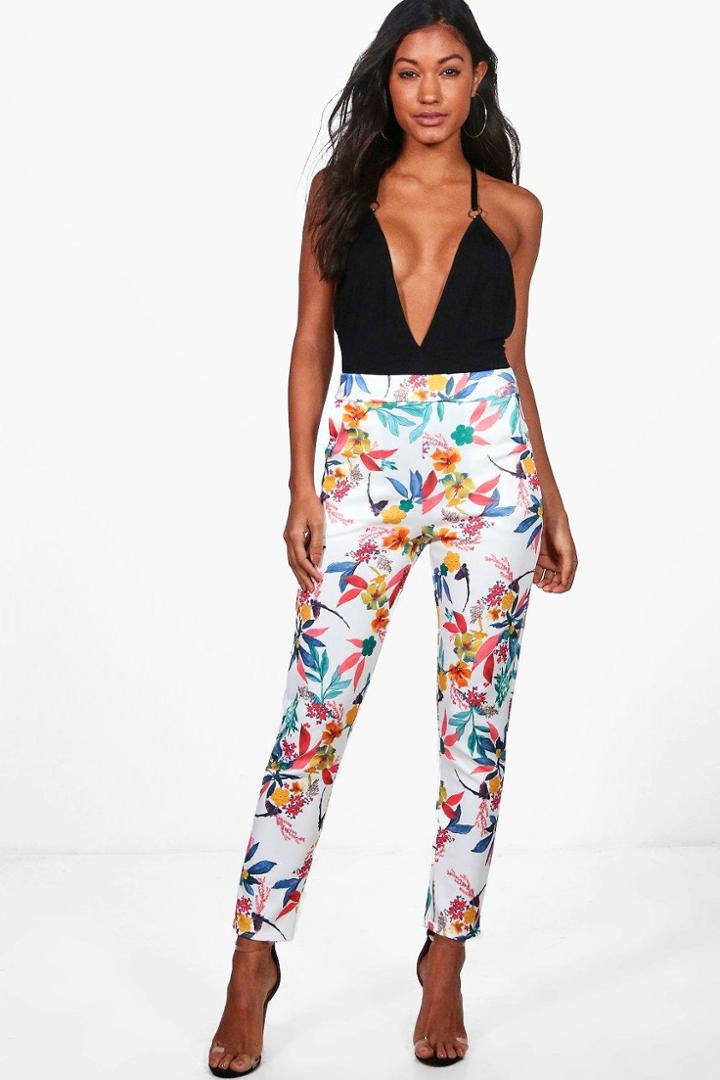 Boohoo Ettie Summer Floral Stretch Skinny Trousers Ivory
