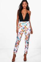Boohoo Ettie Summer Floral Stretch Skinny Trousers Ivory