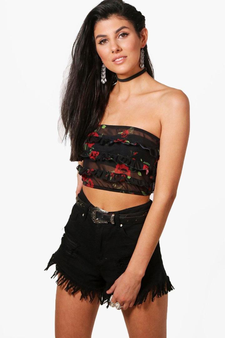 Boohoo Hallie Printed Mesh Ruffle Bandeau Multi