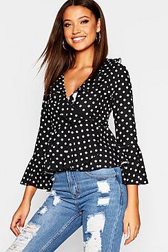 Boohoo Tall Polka Dot Tie Front Ruffle Wrap Blouse