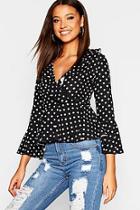 Boohoo Tall Polka Dot Tie Front Ruffle Wrap Blouse
