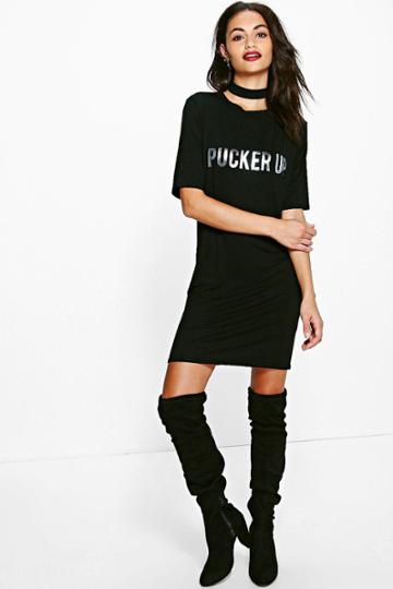 Boohoo Iona Pucker Up Metallic Choker T-shirt Dress Silver