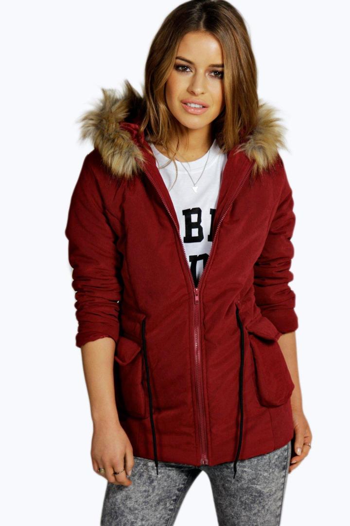 Boohoo Petite Jenny Parka Coat Burgundy