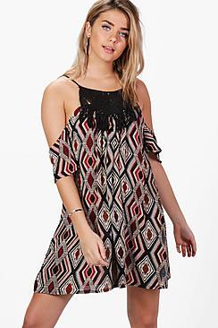 Boohoo Robyn Aztec Crochet Trim Cold Shoulder Swing Dress