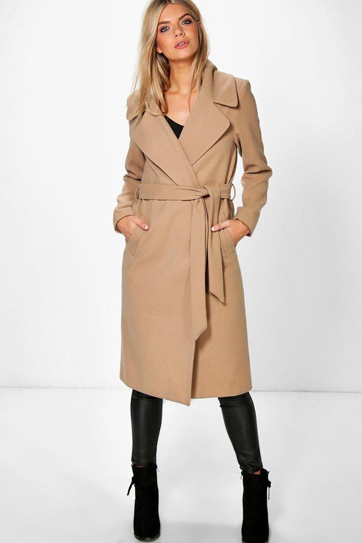 Boohoo Amelie Oversized Collar Longline Belted Robe Coat Camel