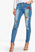 Boohoo Mid Rise Embroidered Skinny Jeans
