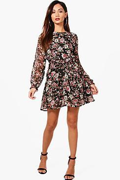 Boohoo Petite Sasha Ruffle Detail Woven Skater Dress