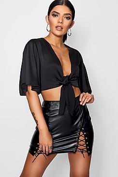 Boohoo Julia Satin Angel Sleeve Tie Front