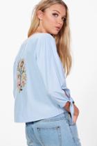 Boohoo Anna Embroidered Back Tie Front Blouse Blue