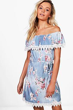 Boohoo Kelly Floral Crochet Trim Bardot Dress