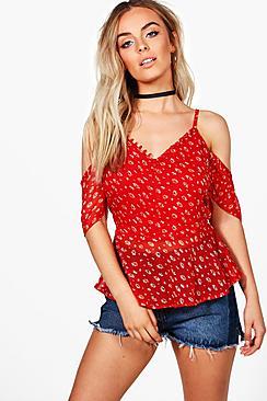 Boohoo Daisy Printed Button Cold Shoulder Blouse