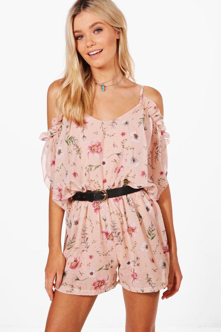 Boohoo Sorayah Ruffle Floral Cold Shoulder Playsuit Pink