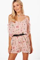 Boohoo Sorayah Ruffle Floral Cold Shoulder Playsuit Pink