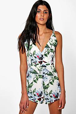 Boohoo Jen Floral Print Strappy Back Plunge Playsuit