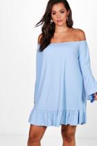 Boohoo Plus Ava Off The Shoulder Flare Sleeve Shift Dress Bluebell