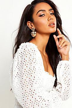 Boohoo Statement Double Heart Diamante Earrings