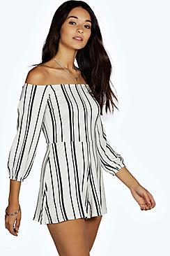 Boohoo Lissa Stripe Off The Shoulder Playsuit