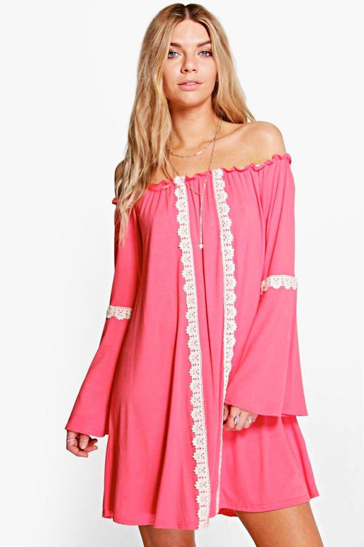 Boohoo Arianna Tribal Ethnic Swing Dress Coral
