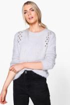 Boohoo Amelia Fluffy Eyelet Detail Knit Jumper Grey