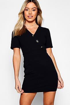 Boohoo Petite Button Detail V-neck Dress