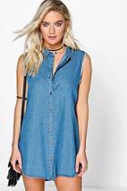 Boohoo Julia Sleeveless Curve Hem Shirt Denim Dress