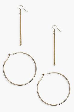 Boohoo Simple Bar Drop & 6.5cm Hoop Earring Pack