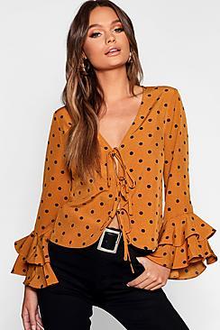 Boohoo Spot Print Tie Front Blouse