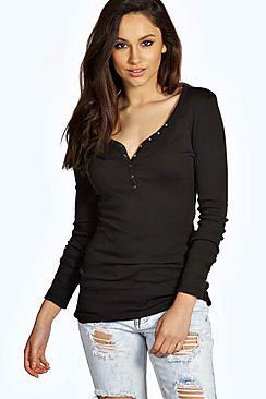 Boohoo Savannah Popper Detail Long Sleeve T Shirt