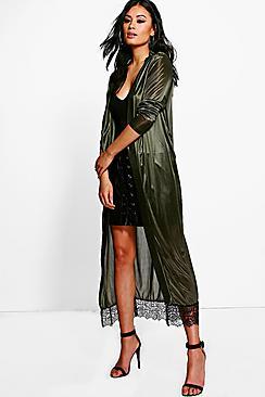 Boohoo Heidi Silky Lace Hem Belted Duster