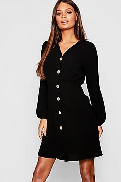 Boohoo Satin Button Front Skater Dress