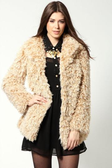 Boohoo Boutique Talia Mongolian Faux Fur Shaggy Long Coat - Beige