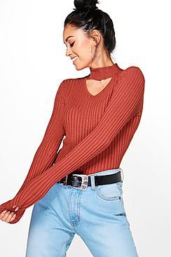 Boohoo Julia Fine Ribbed Choker V-neck Jumper