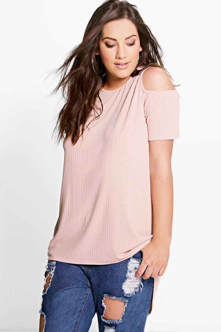 Boohoo Plus Ivory Ribbed Open Shoulder Top Blush