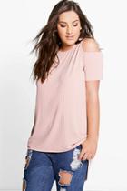 Boohoo Plus Ivory Ribbed Open Shoulder Top Blush