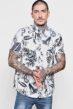 Boohoo Wild Leaf Print Short Sleeve Shirt
