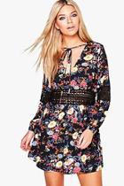 Boohoo Lucy Floral Lace Insert Tie Neck Skater Dress