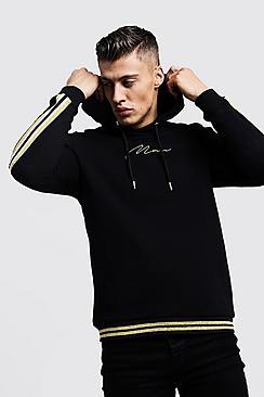 Boohoo Gold Man Signature Tape Hoodie With Rib