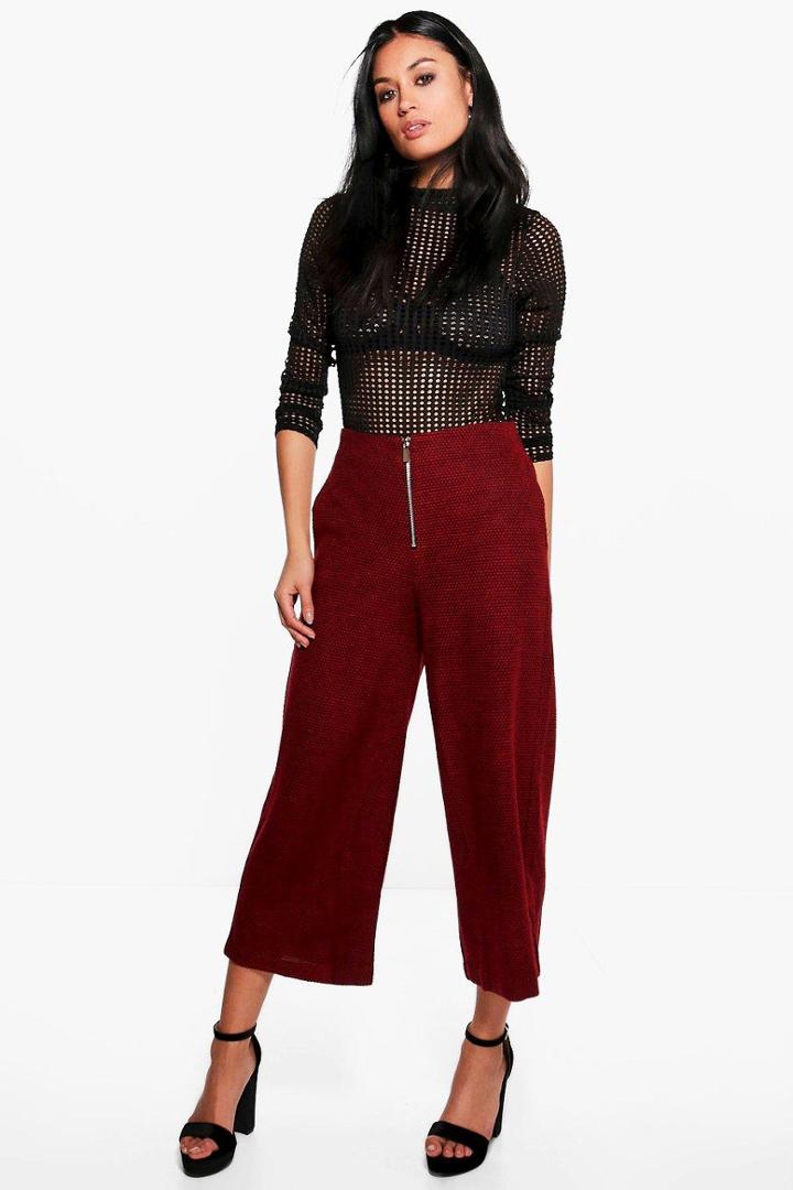 Boohoo Bria Zip Front Textured Culottes Wine