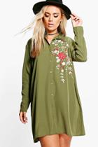 Boohoo Plus Carey Embroidered Shirt Dress Khaki