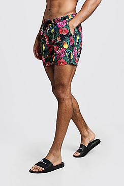 Boohoo Tropical Print Swim Short In Mid Length