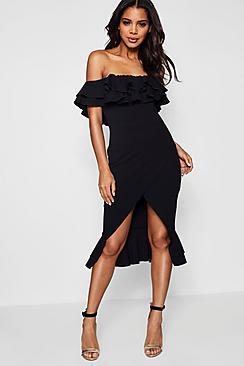 Boohoo Jas Ruffle Off The Shoulder Crop Midi Dress