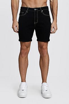 Boohoo Slim Fit Denim Shorts With Neon Topstitch