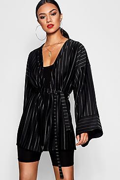 Boohoo Polly Pinstripe Kimono Sleeve Belted Duster Jacket