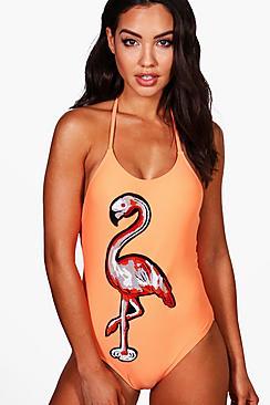 Boohoo Antigua Flamingo Sequin Applique Swimsuit