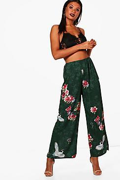 Boohoo Sammy Oriental Bird Print Wide Leg Trouser