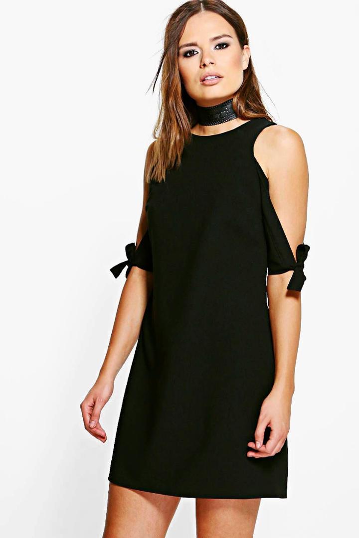 Boohoo Tanya Tie Sleeve Cold Shoulder Shift Dress Black